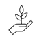 A simple black outline of a hand holding a small plant with three leaves, symbolizing growth, care, or environmental stewardship.