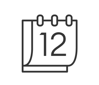 A simple, black and white line drawing of a calendar page showing the number 12, with two rings at the top binding the page.