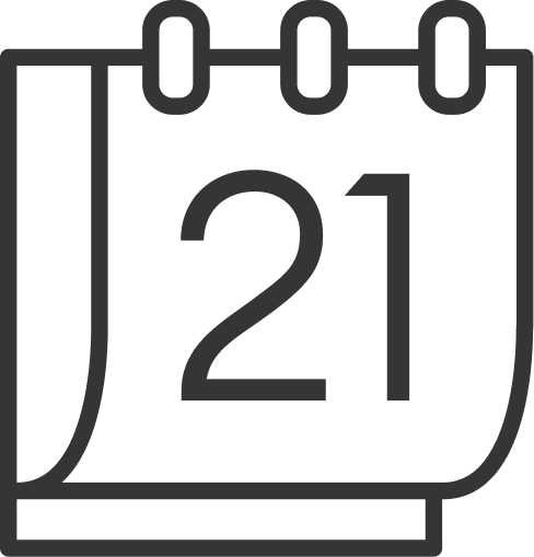 Un simple dessin au trait noir et blanc d'une page de calendrier affichant le nombre 21, avec trois anneaux en haut.