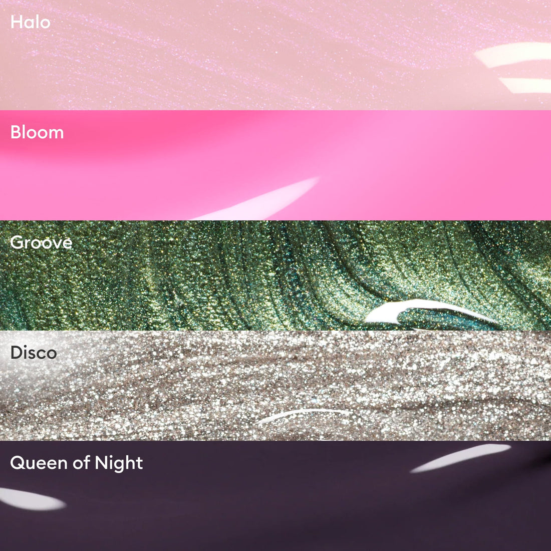 Five horizontal swatches of Manucurist’s Curated Color Collections: Halo (light pink shimmer), Bloom (bright pink), Groove (shimmery green), Disco (silver glitter), and Queen of Night (deep purple)—for standout, trendy manicures.
