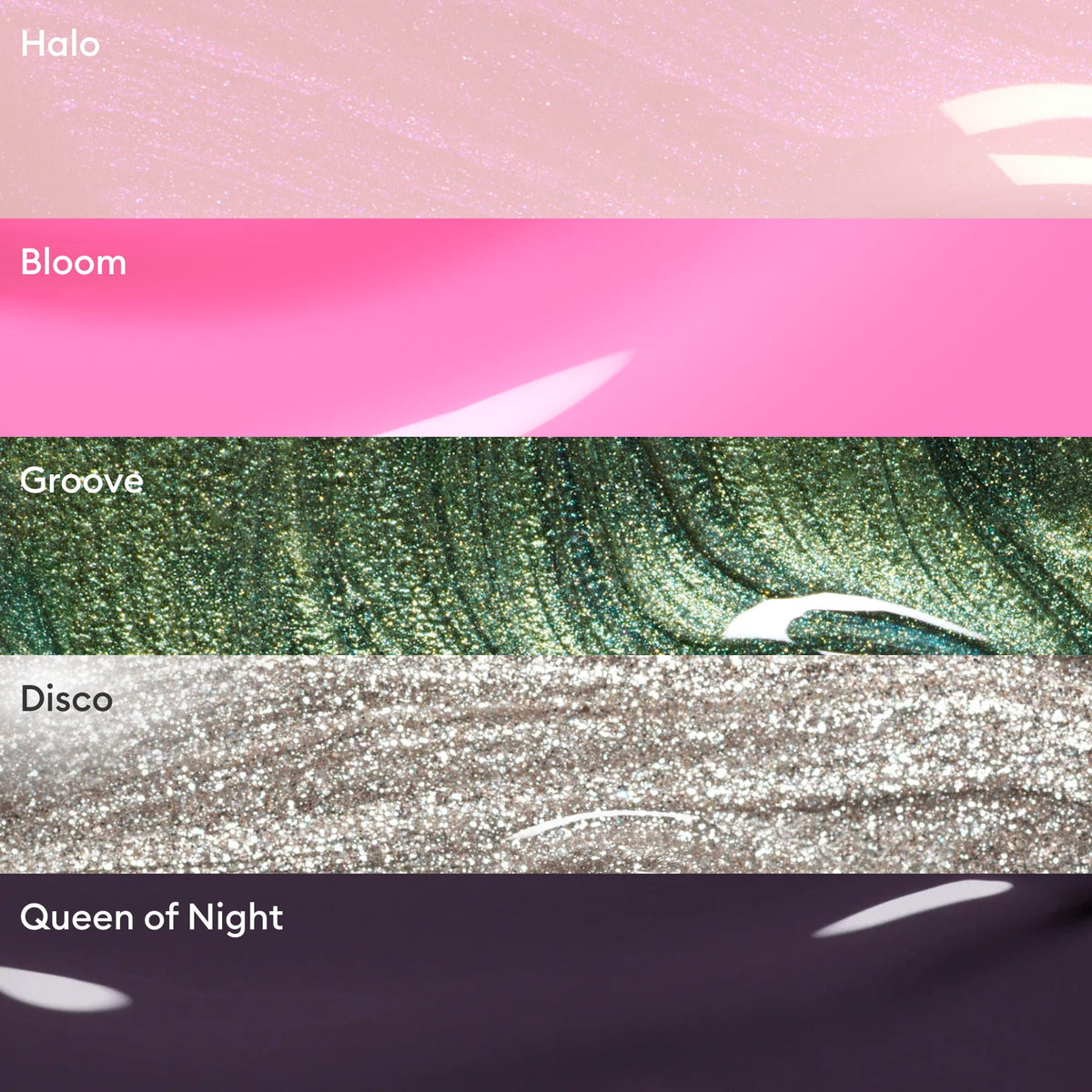 Five horizontal swatches of Manucurist’s Curated Color Collections: Halo (light pink shimmer), Bloom (bright pink), Groove (shimmery green), Disco (silver glitter), and Queen of Night (deep purple)—for standout, trendy manicures.
