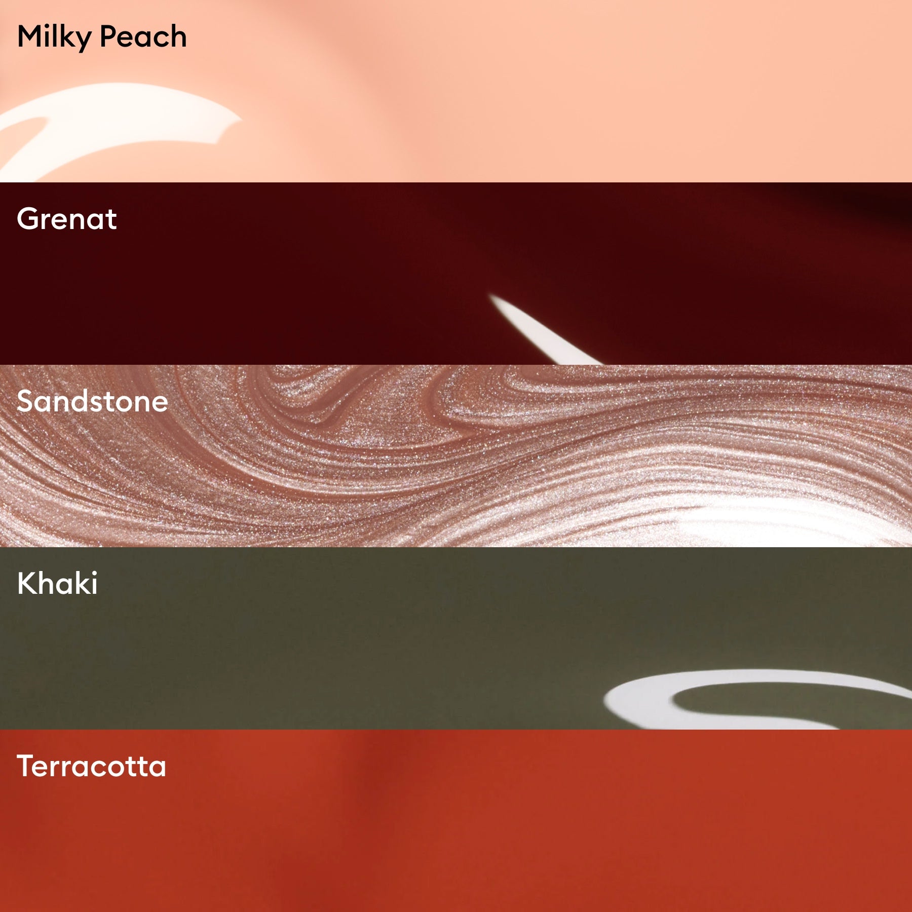 Five horizontal color swatches labeled: Milky Peach (peach), Grenat (deep red), Sandstone (swirled beige), Khaki (olive green), and Terracotta (rusty orange). The Curated Color Collections by Manucurist feature these expertly selected palettes, perfect for manicures inspired by the latest nail trends.