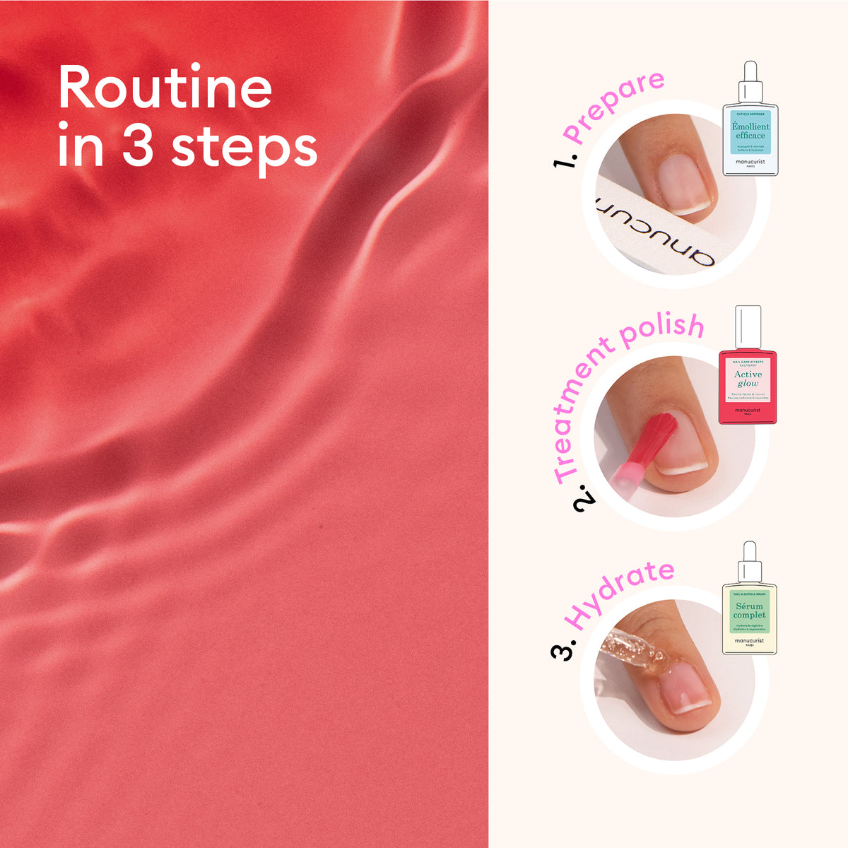 Visuel intitulé Routine en 3 étapes, avec une texture rose ondulée et trois étapes utilisant l&