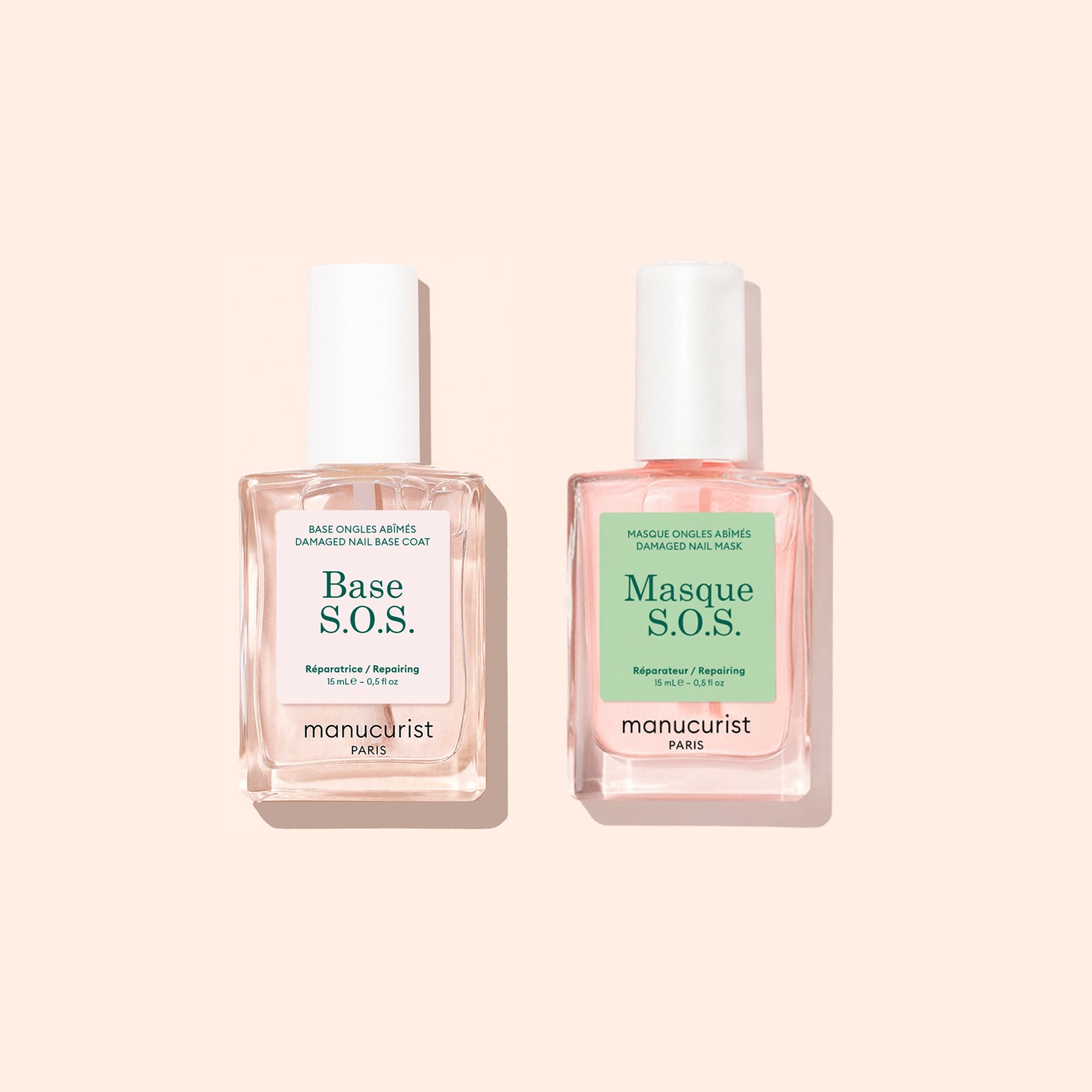 Two bottles from Manucurist’s Basic Routine - Damaged Nails set are placed side by side on a light beige background—an ideal duo designed for nail repair and strengthening brittle nails.
