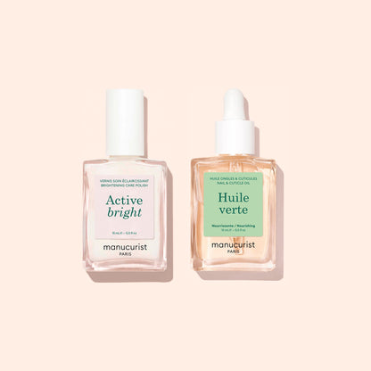 Two square bottles from Manucurist’s Basic Routine - Yellow Nails set—one labeled Active Bright nail polish for nail brightening and the other, Huile Verte nourishing cuticle oil with a dropper—are displayed on a soft beige background, making them ideal additions to any nail care routine.