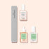 The Manucurist Starter Routine - Yellow Nails, featuring three nail care essentials for brightening and strengthening—Active Bright, Huile Verte, and Kératine Booster—alongside a grey nail file, all arranged neatly on a pale peach background.