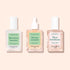 Three square glass bottles from Manucurist’s "Basic Routine - Soft Nails" set are arranged side by side on a light beige background. Designed for your nail care routine, each bottle features a white cap and a distinct label—Kératine booster, Sérum complet, and Base fortifiante—making this Manucurist collection ideal for anyone with soft nails seeking an effective strengthening solution.