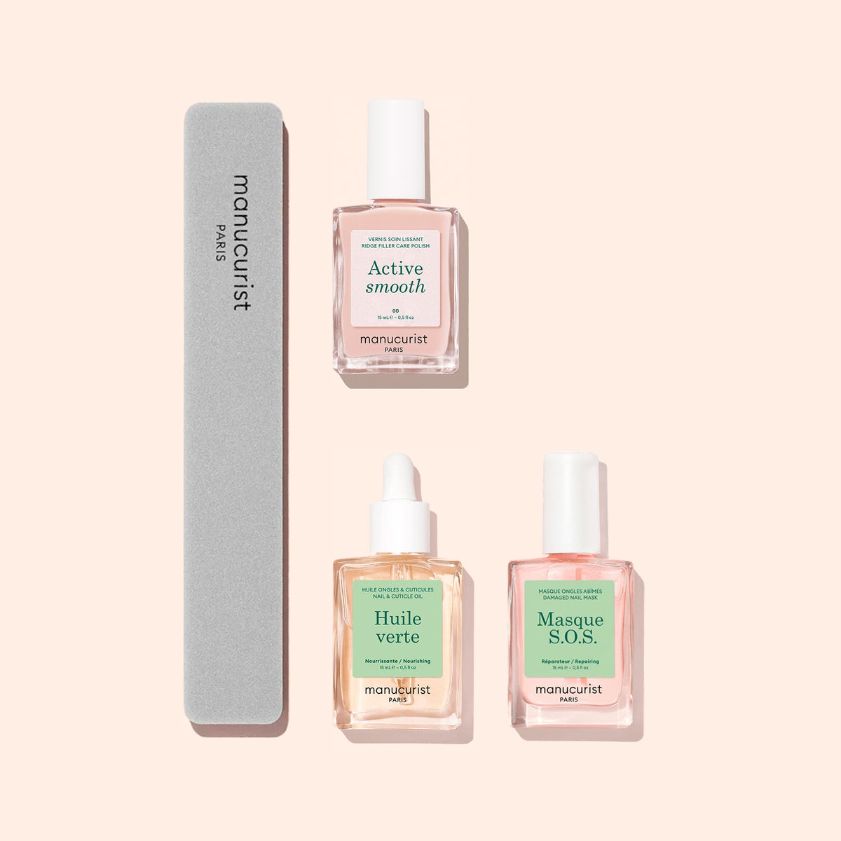 Trois flacons en verre du coffret Manucurist Basic Routine - Ridged Nails, accompagnés d&