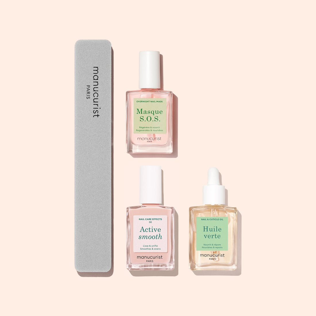 The Manucurist Starter Routine - Ridged Nails includes a grey nail file, Masque S.O.S., Active Smooth, and nourishing cuticle oil, all displayed on a light beige background.