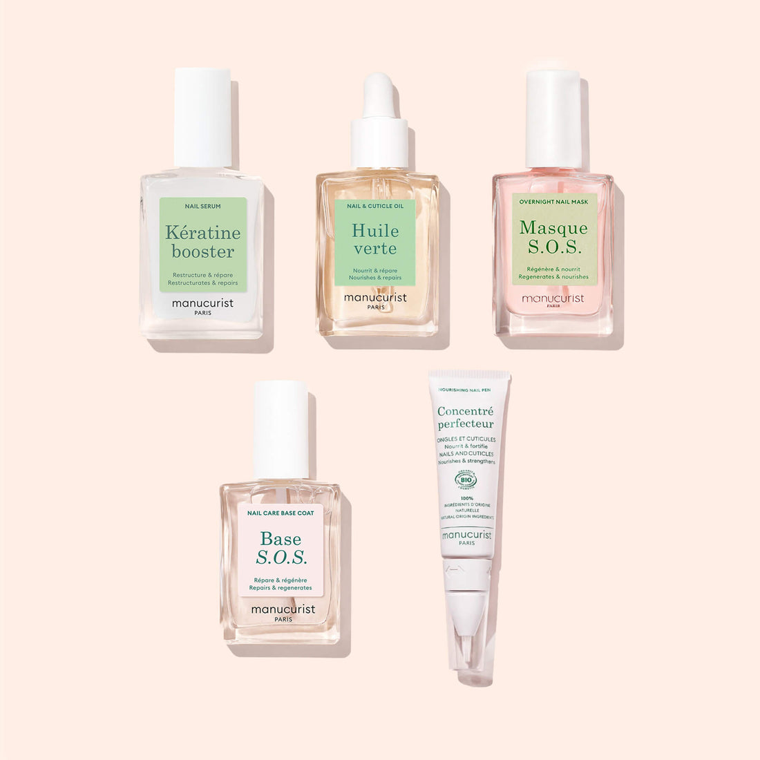 Five Manucurist Basic Routine - Damaged Nails products arranged on a light pink background: Nail Strengthener (Kératine booster), Cuticle Oil (Huile verte), Masque S.O.S., Base S.O.S., and Concentré perfecteur.