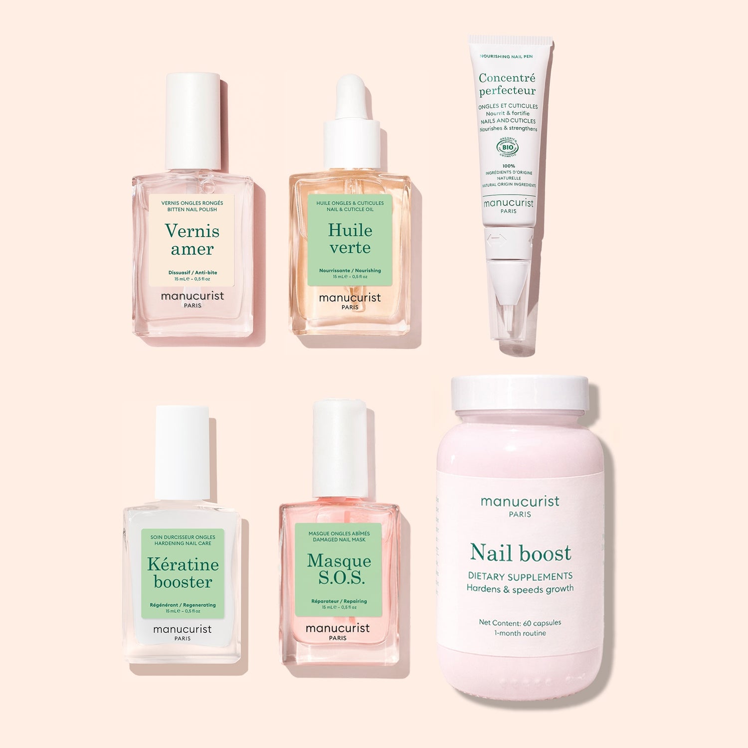 Six manicure essentials from Manucurist’s Ultimate Routine - Bitten Nails set—including nail polish, nourishing oils, a nail-strengthening serum, and a jar of supplements—are arranged neatly on a beige background. Featuring bilingual French and English labels in green and pink tones, this collection is perfect for encouraging healthy nail regrowth or caring for bitten nails.