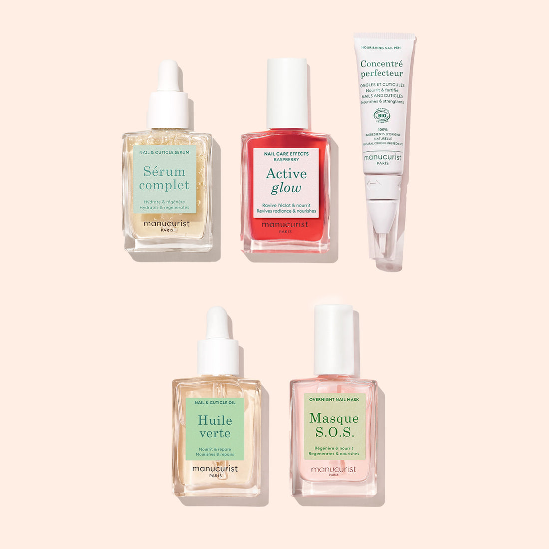 The Starter Routine - Sensitive Nails set features five manicure products—two dropper bottles, a tube, and two square bottles—on a beige background. Labels include Sérum complet and Active glow, all designed to nourish and rescue sensitive nails.