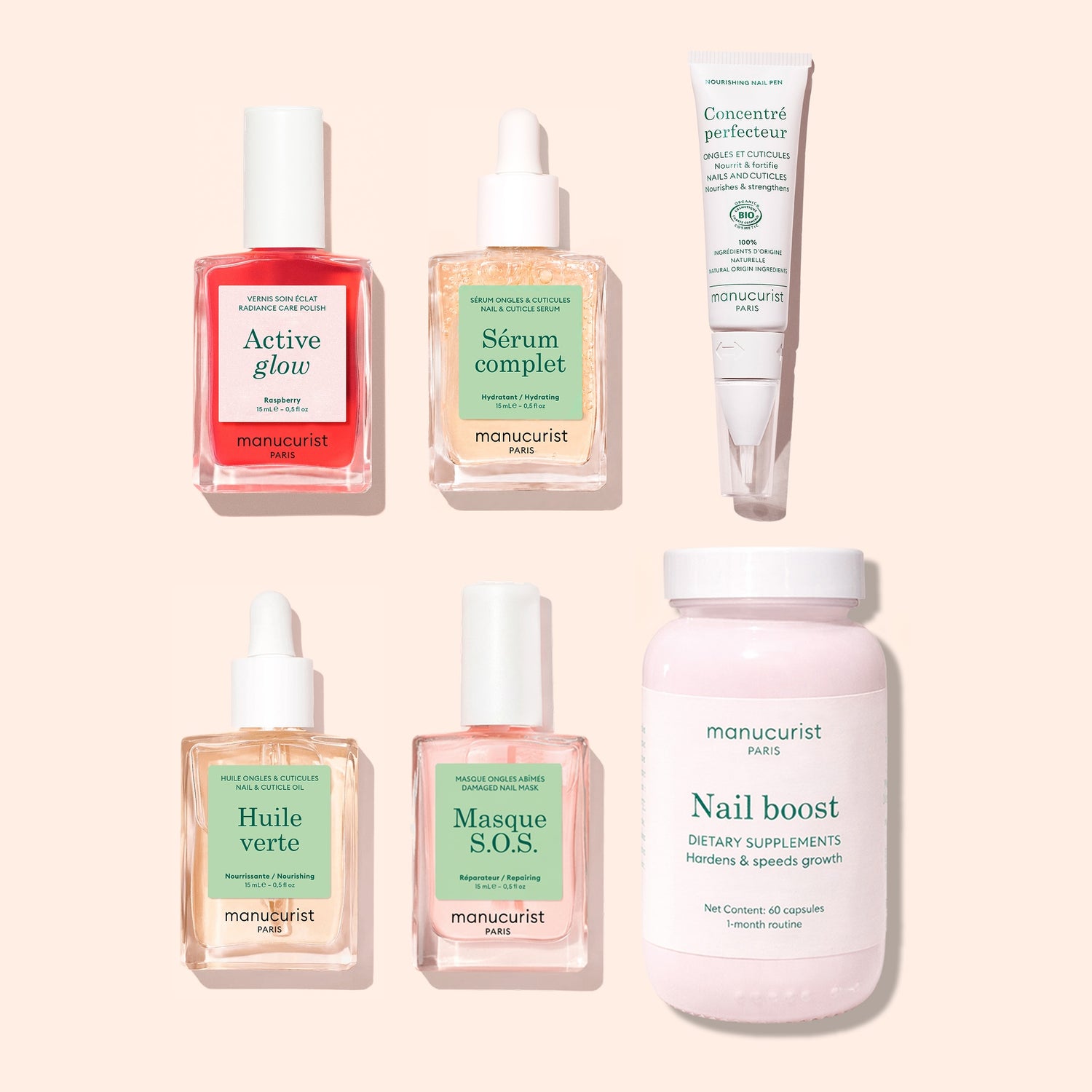 Six Manucurist Ultimate Routine - Sensitive Nails products are arranged on a beige background, featuring bottles with droppers, a tube, and a large container. The labels showcase the product name "Ultimate Routine - Sensitive Nails," each expertly formulated by Manucurist to strengthen nails and nourish cuticles for optimal nail care.