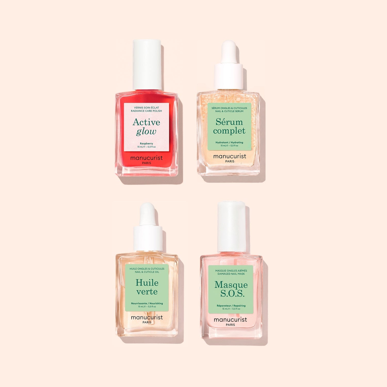 Four manicure product bottles from Manucurist&