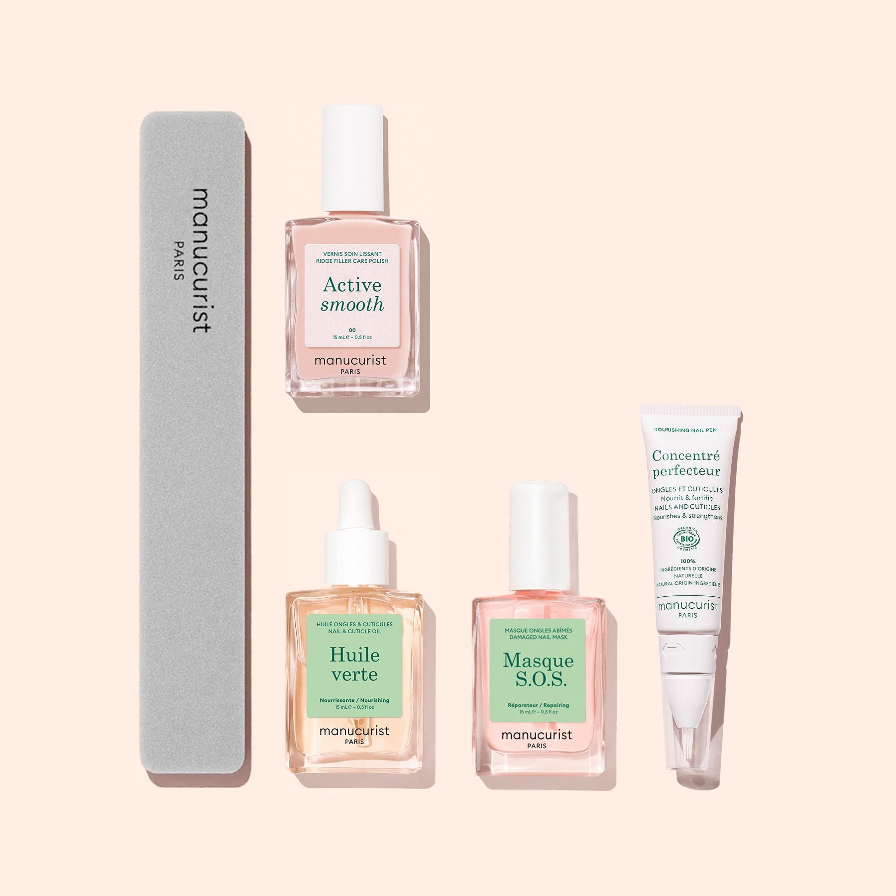 Five products from Manucurist’s Basic Routine – Ridged Nails are displayed on a light pink background, featuring essential nail care: a gray nail file for smoothing ridged nails, two dropper bottles labeled Active Smooth and Huile Verte (a nourishing cuticle oil), a pump bottle of Masque S.O.S., and a white tube of Concentré perfecteur.