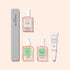 Five products from Manucurist’s Basic Routine – Ridged Nails are displayed on a light pink background, featuring essential nail care: a gray nail file for smoothing ridged nails, two dropper bottles labeled Active Smooth and Huile Verte (a nourishing cuticle oil), a pump bottle of Masque S.O.S., and a white tube of Concentré perfecteur.