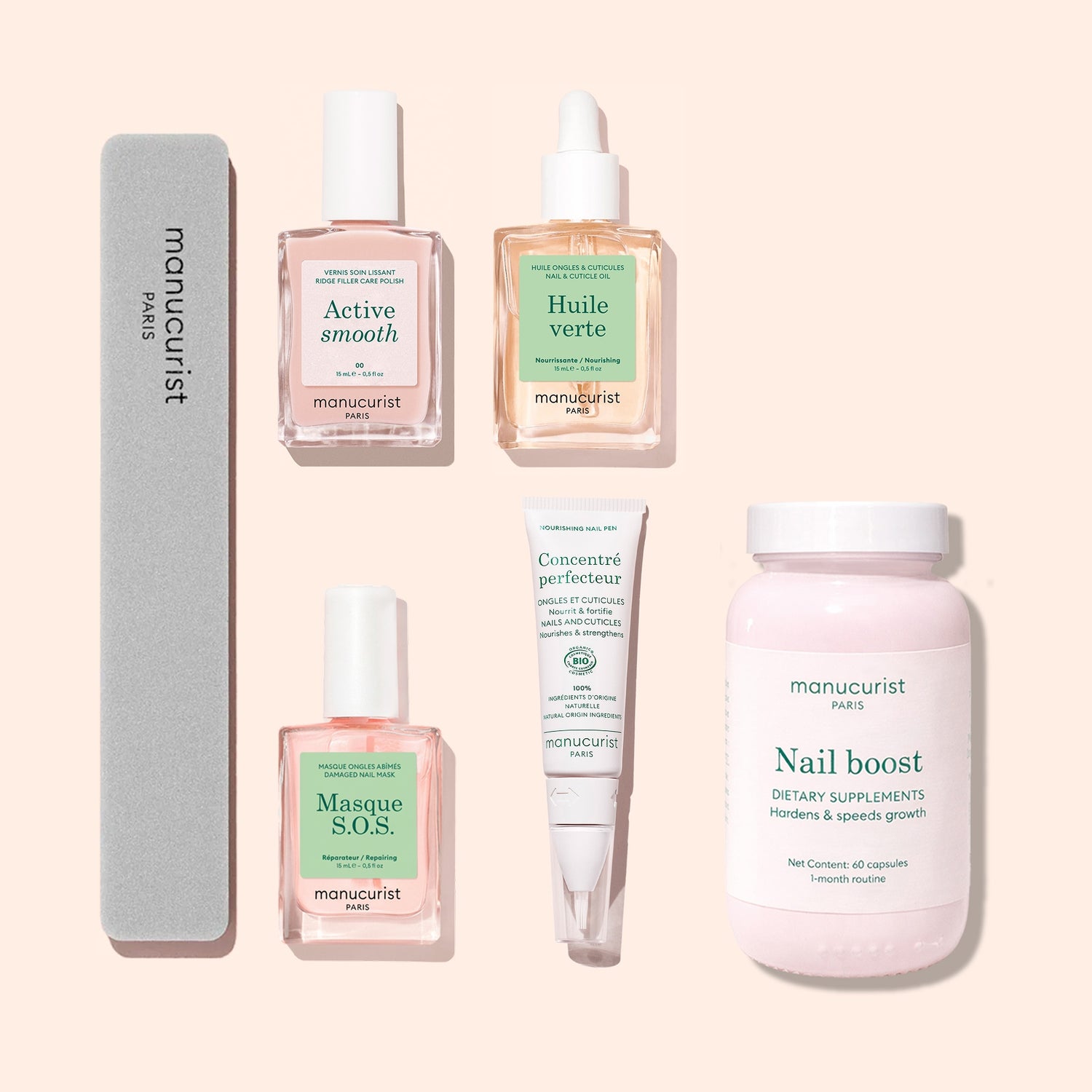 Five manicure essentials from Manucurist’s Basic Routine - Ridged Nails set—including a nail file, three bottles of nail care (such as nourishing cuticle oil), a tube of nail serum, and a pink jar of dietary supplements for healthy, ridged nails—are all arranged neatly on a light pink background.
