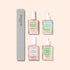 Four manicure products from Manucurist, including a gray nail file and three square bottles labeled Masque S.O.S., Active Smooth, and Huile Verte, plus a dropper bottle labeled Sérum Complet, all on a pale pink background.