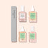 Four dropper bottles from the Manucurist Basic Routine – Ridged Nails set—labeled Active smooth, Sérum complet, Huile verte, and Masque S.O.S.—are arranged alongside a gray manucurist Paris nail file. Ideal for comprehensive nail care, this collection features nourishing formulas such as cuticle oil to help restore and strengthen even the most ridged nails.