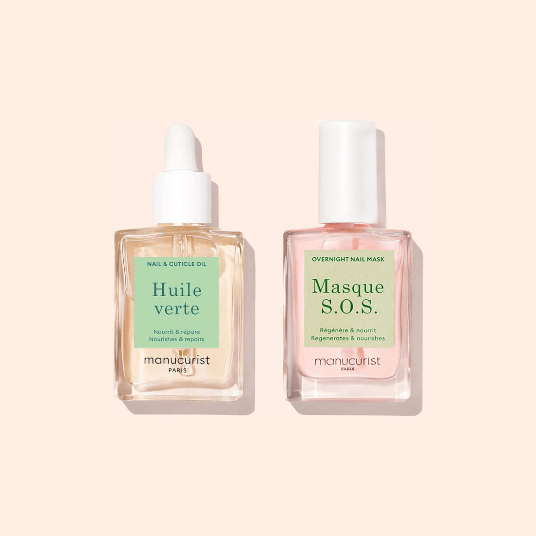 Manucurist Starter Routine - Damaged Nails features two square glass bottles with pastel green labels for nail repair: “Huile Verte” (Nail Cuticle Oil, dropper) and “Masque S.O.S.” (Overnight Nail Mask, cap).