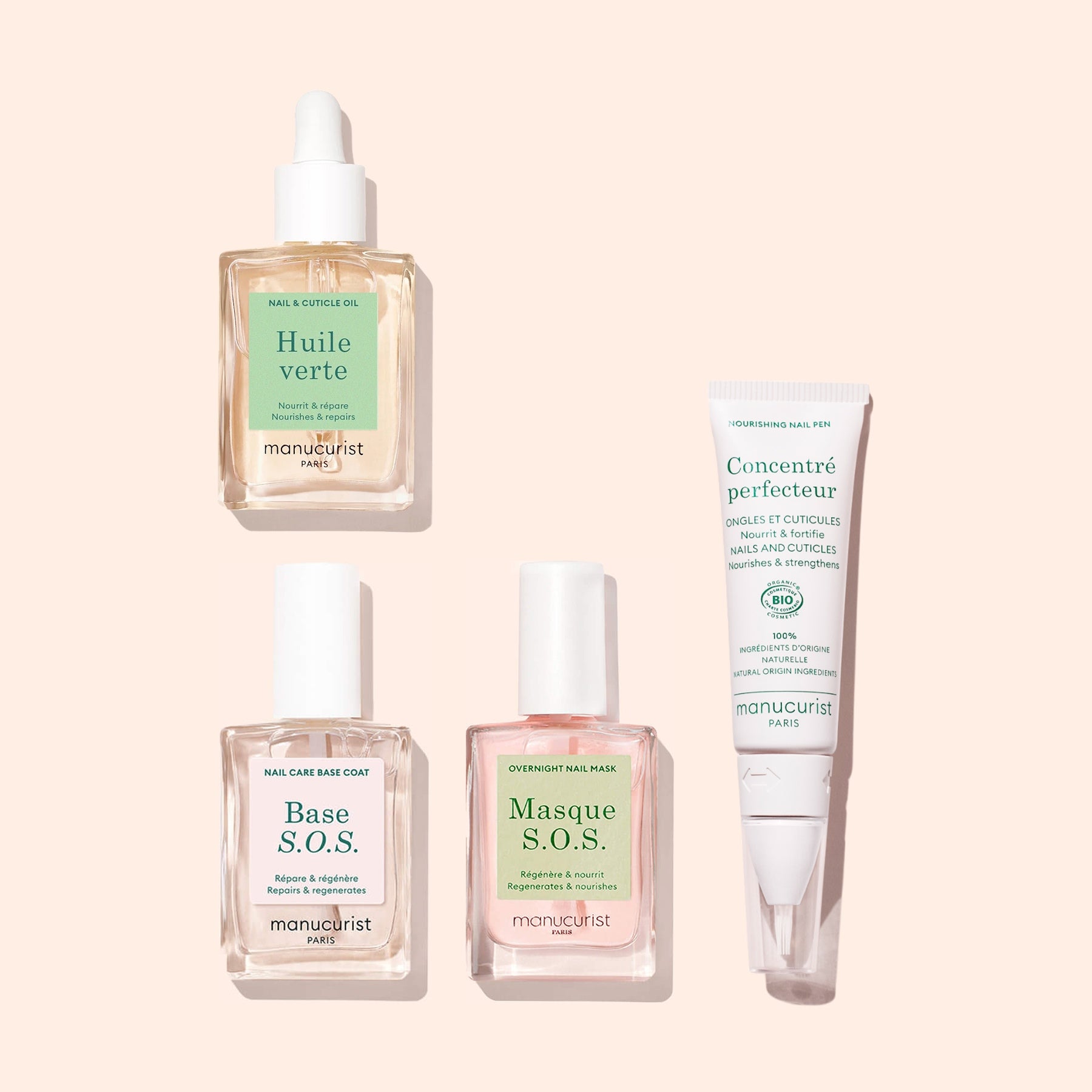 The Starter Routine - Damaged Nails set by Manucurist features three square bottles (Huile Verte, Base S.O.S., Masque S.O.S.) and a white Concentre Perfecteur tube, all arranged on a light pink background.