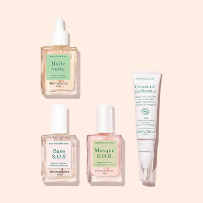 The Starter Routine - Damaged Nails set by Manucurist features three square bottles (Huile Verte, Base S.O.S., Masque S.O.S.) and a white Concentre Perfecteur tube, all arranged on a light pink background.