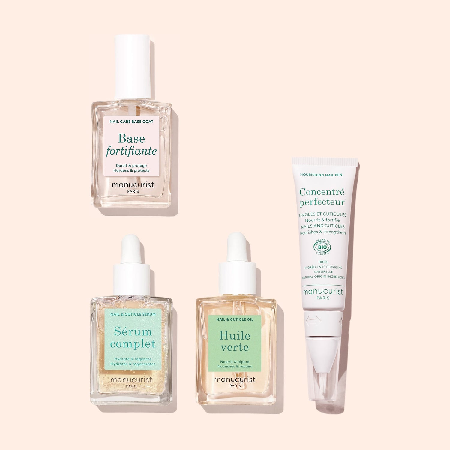 The Basic Routine - Soft Nails set by Manucurist features three dropper bottles and one tube on a peach background—ideal for strengthening soft nails.