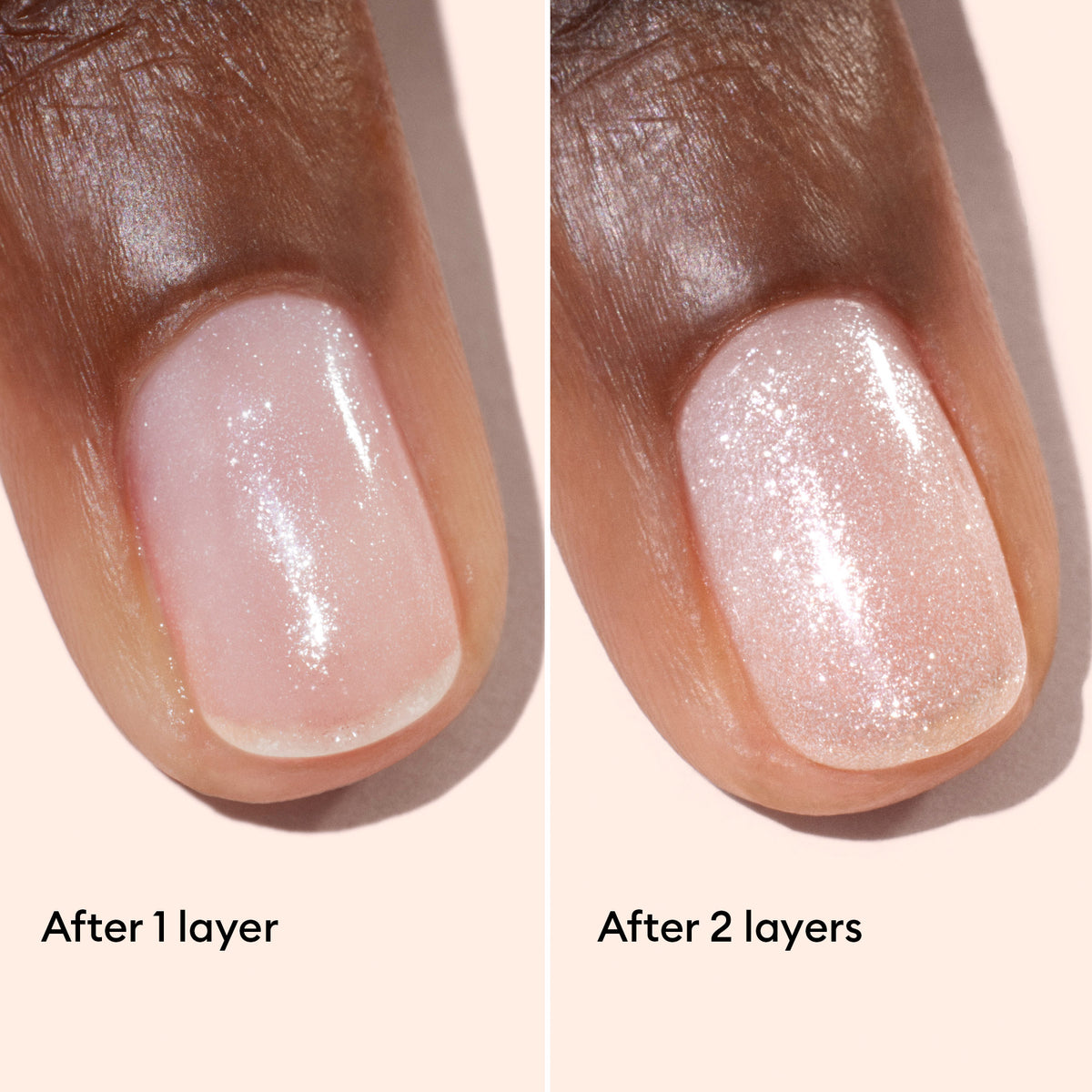 Close-up of a fingernail with shimmery light pink nail polish. Left side shows one layer; right side shows two layers, which appears slightly more opaque and sparkly. Labels: After 1 layer and After 2 layers.