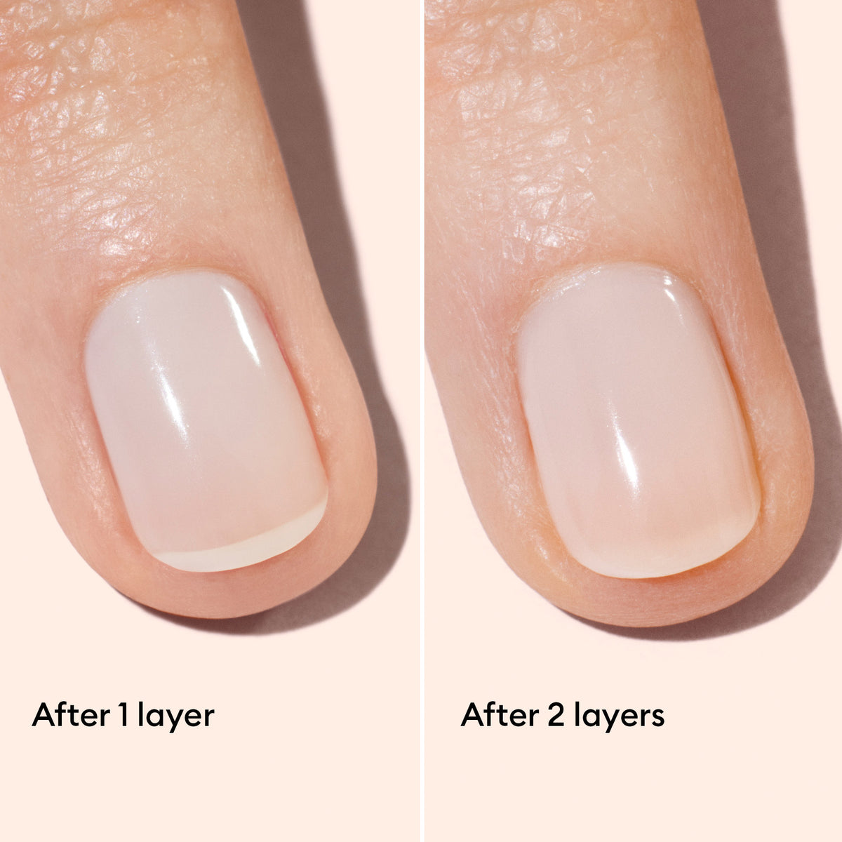 Close-up of a fingernail shown in two stages: on the left, after one layer of pale nail polish; on the right, after two layers, showing a more opaque and even finish. Text reads After 1 layer and After 2 layers.