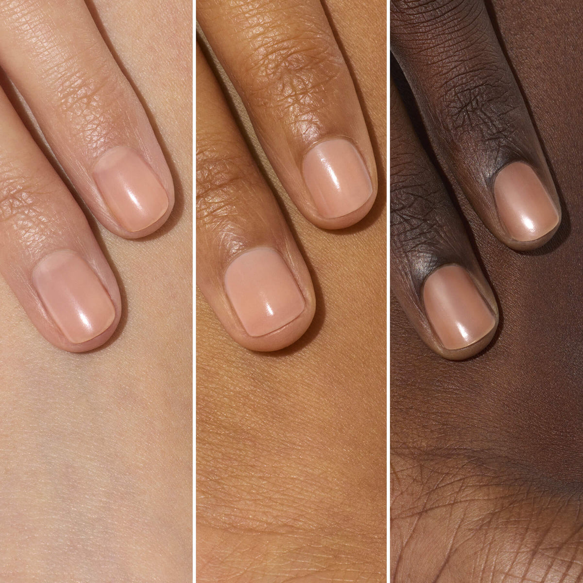 Trois mains aux carnations différentes, chacune avec des ongles courts et soigneusement manucurés, peints dans la teinte nude brillante « Active™ Smooth 02 » de Manucurist, sont présentées côte à côte sur un fond uni, soulignant l’importance du soin des ongles et d’une élégance subtile.