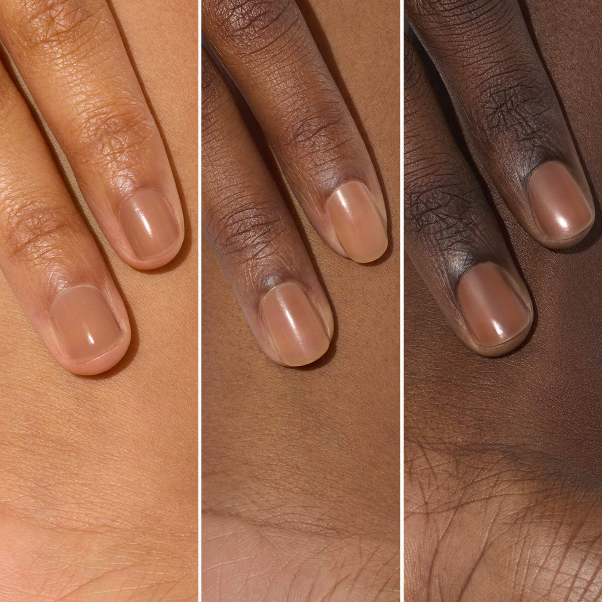 Trois mains aux carnations variées arborent des ongles soigneusement manucurés vernis avec l&