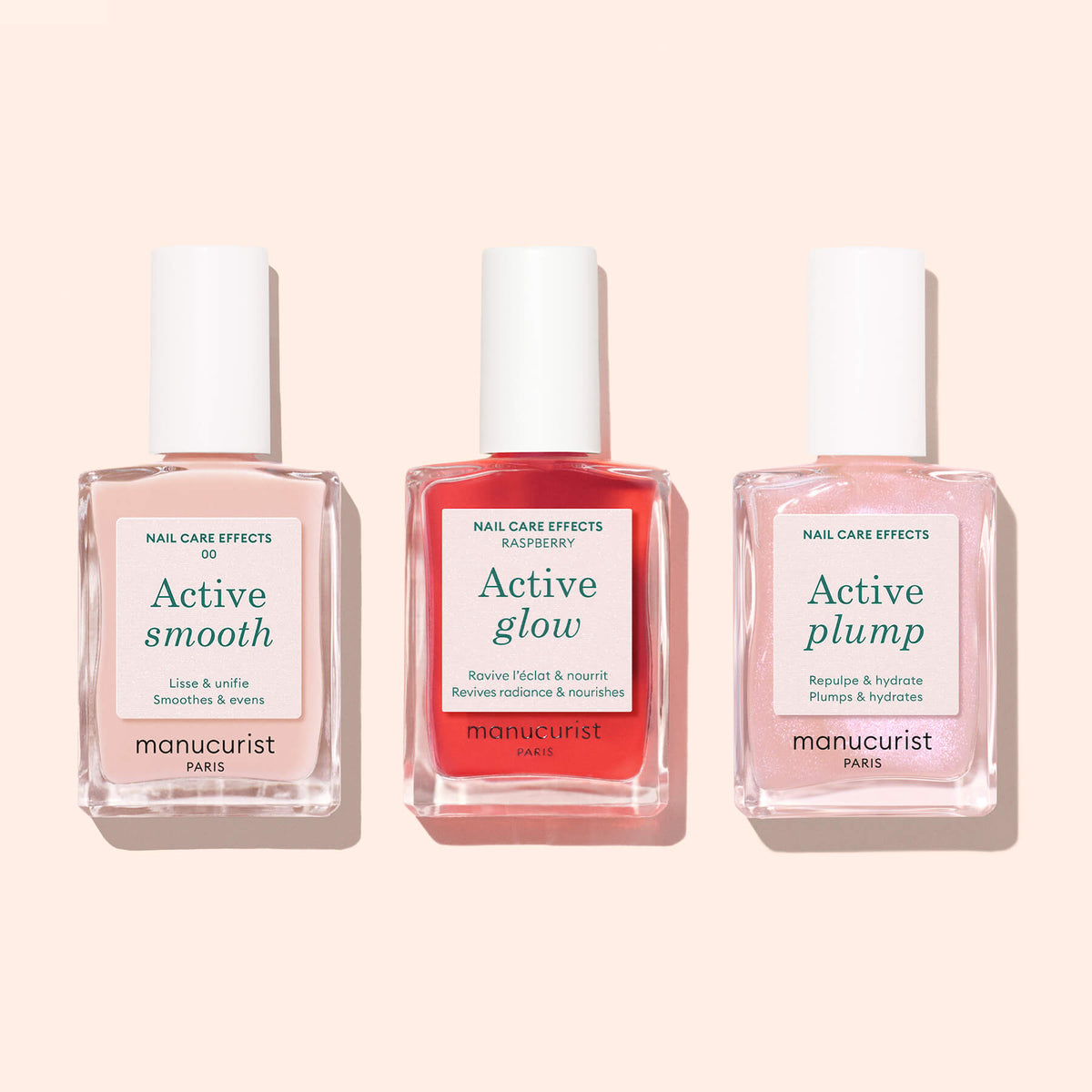 Trois flacons de vernis soin pour les ongles Active™ de Manucurist — Active™ Smooth 00, Active™ Glow et Active™ Plump — alignés sur un fond clair, illustrant leur formule végétale conçue pour un soin efficace des ongles.