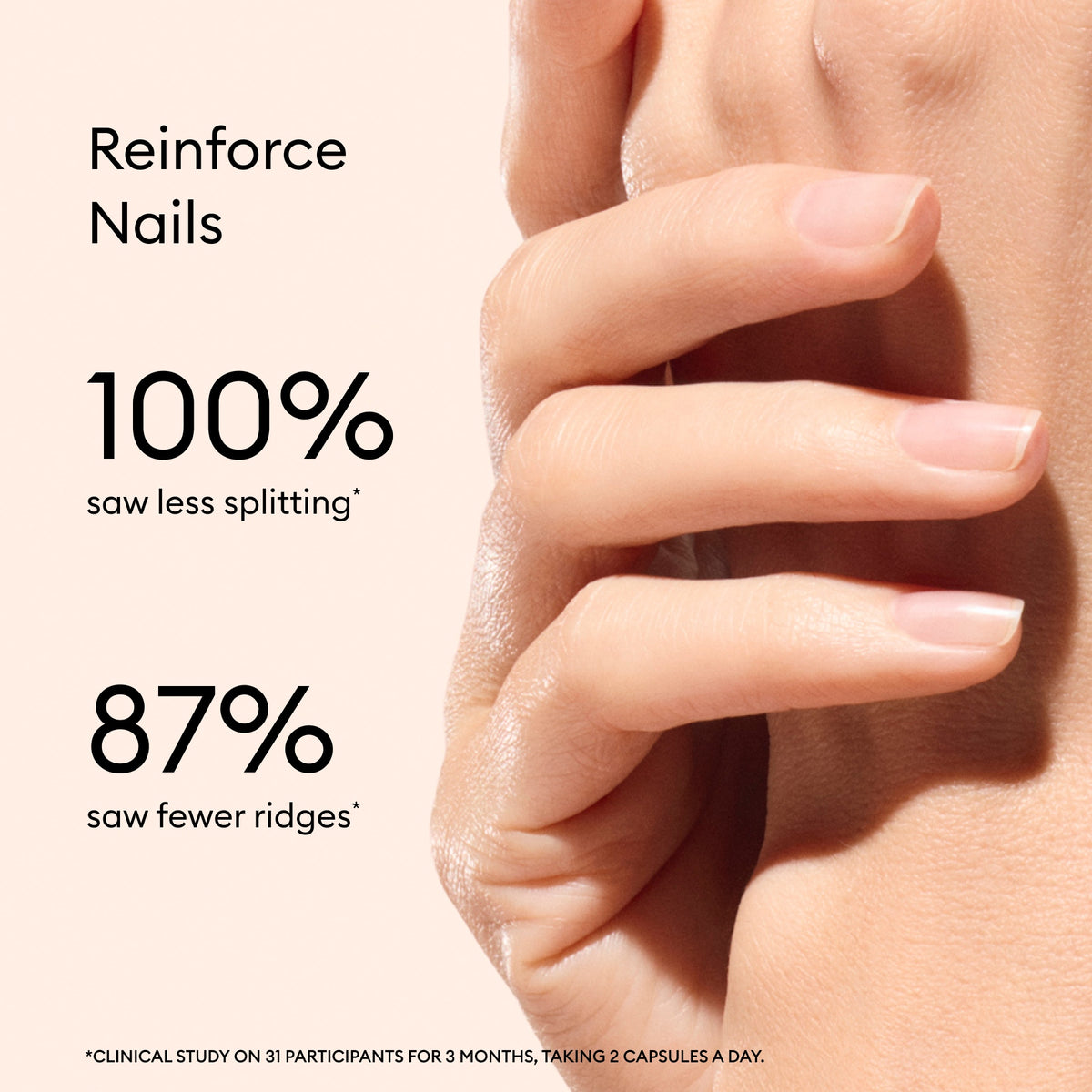 Gros plan sur une main soignée avec le texte : Nail Boost par Manucurist — 100 % ont constaté moins de dédoublement, 87 % moins de stries. Résultats d&