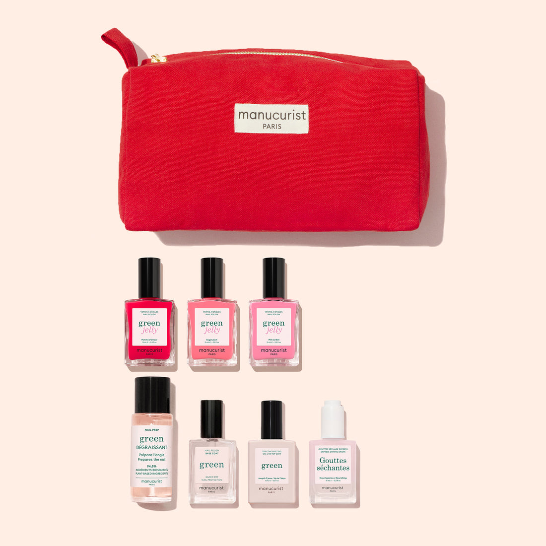 Seven bottles from the Manucurist Super Starter Kit - Jelly Nail Polish, featuring plant-based gel effect polishes and nourishing care essentials, are arranged below a red zippered pouch on a light beige background.