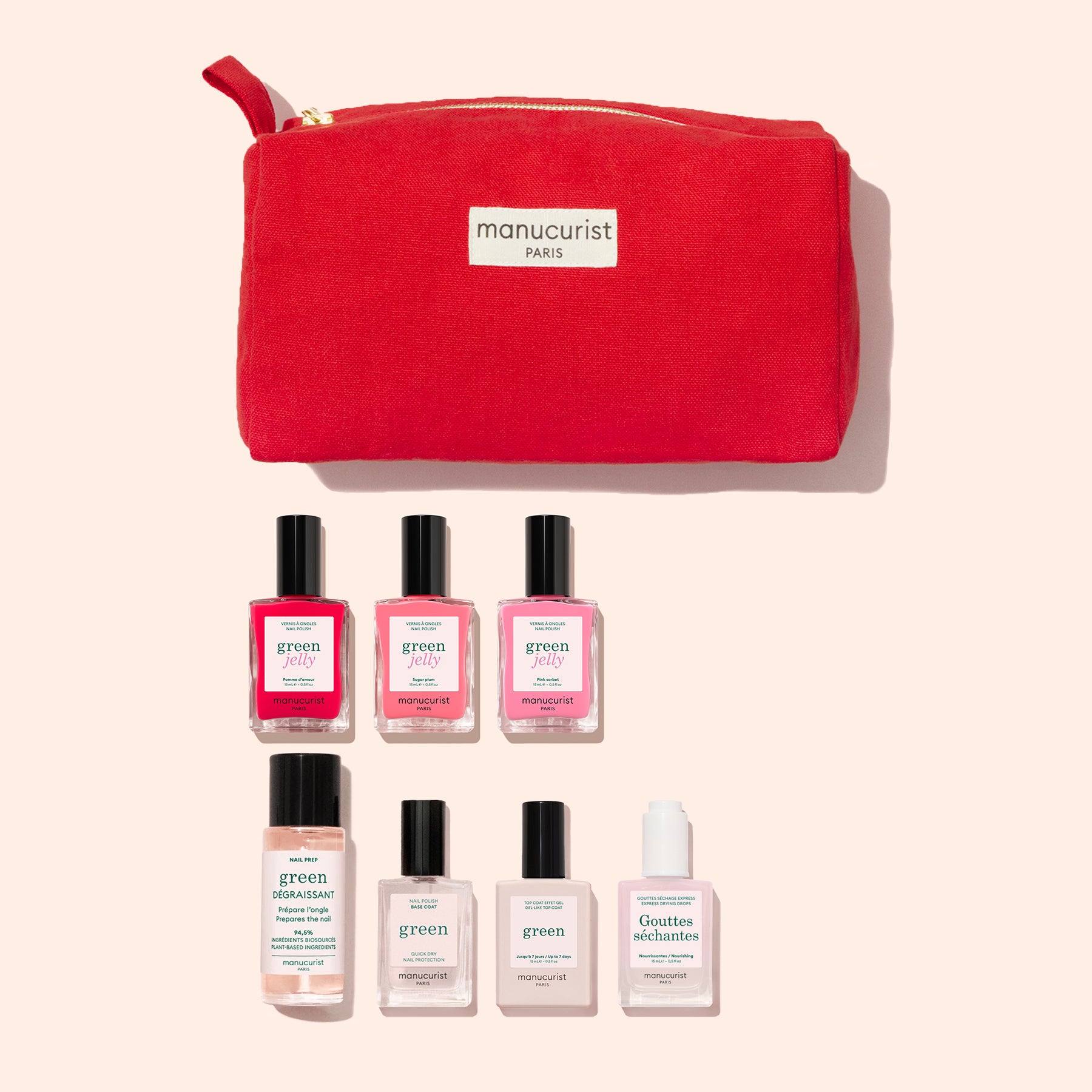 Seven bottles from the Manucurist Super Starter Kit - Jelly Nail Polish, featuring plant-based gel effect polishes and nourishing care essentials, are arranged below a red zippered pouch on a light beige background.