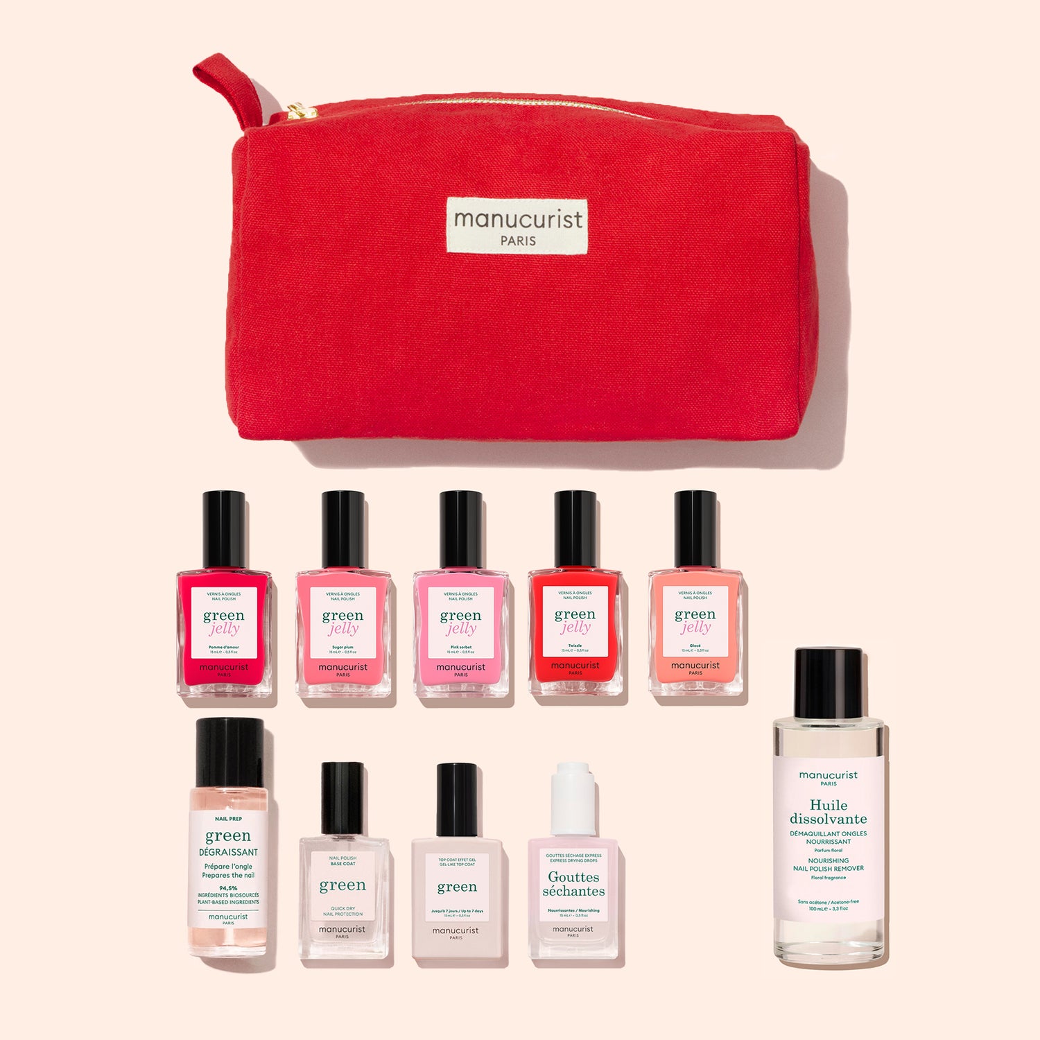 The Manucurist Super Starter Kit - Jelly Nail Polish features a vibrant red pouch containing ten essential manicure products, including five plant-based nail polishes, a clear polish, a white bottle, nail remover, and two small treatment bottles—all beautifully arranged on a light background for an easy eco-friendly manicure.