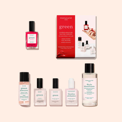 A Manucurist Discovery Kit - Jelly Nail Polish is displayed on a light beige background, featuring plant-based nail polish shades and nail care liquids in a boxed set with several small bottles.