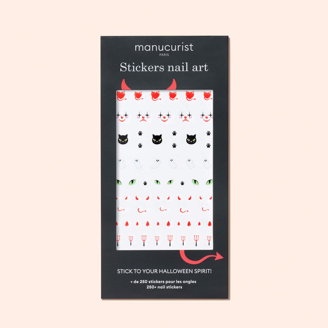 Manucurist Halloween Nail Art Stickers feature spooky designs like black cats, devil horns, pitchforks, and bloody drips on a white background—perfect for festive Halloween manicures.