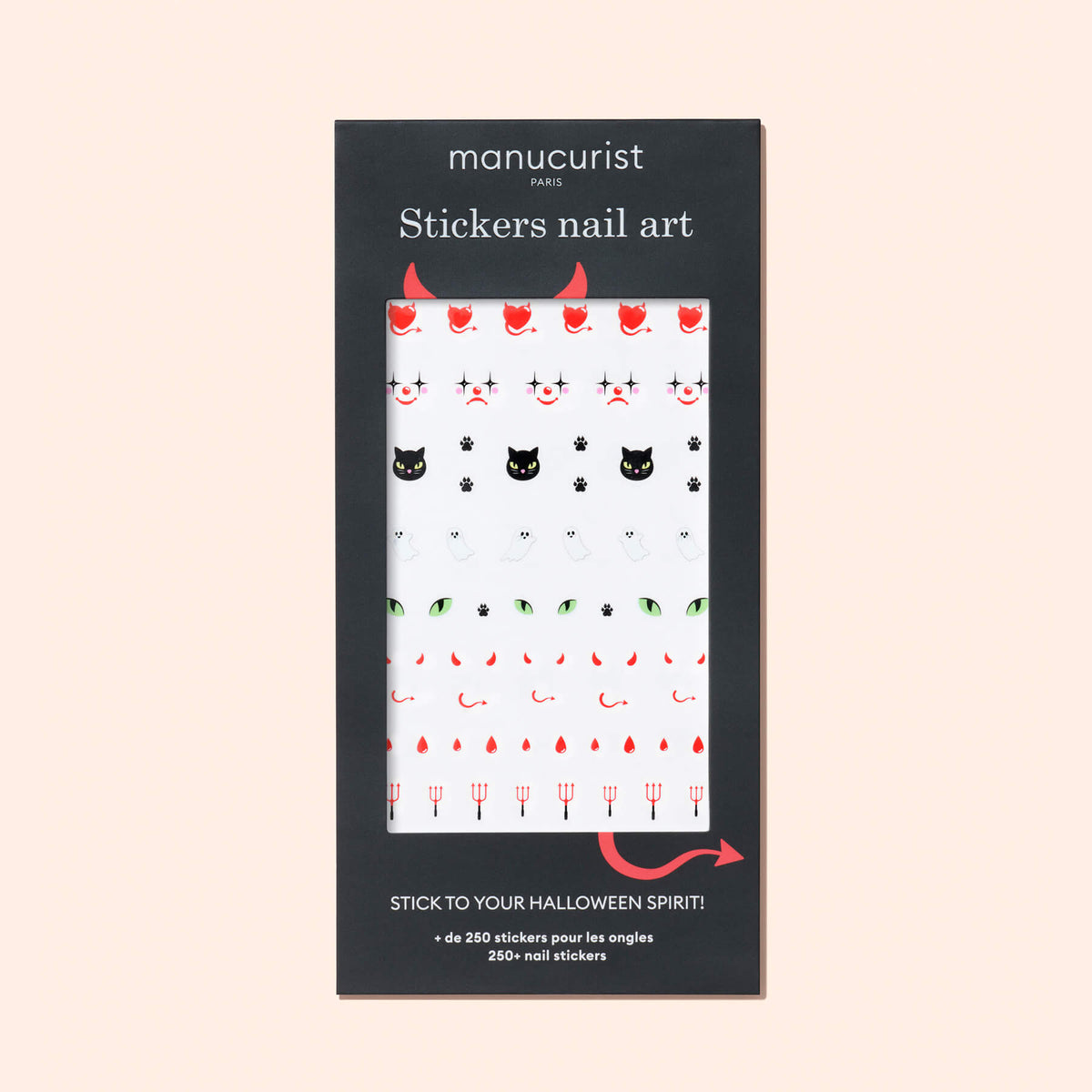 Les stickers Nail Art Halloween Manucurist présentent des motifs effrayants sur fond blanc : chats noirs, cornes de diable, fourches et coulures sanglantes. Parfaits pour les manucures d’Halloween !