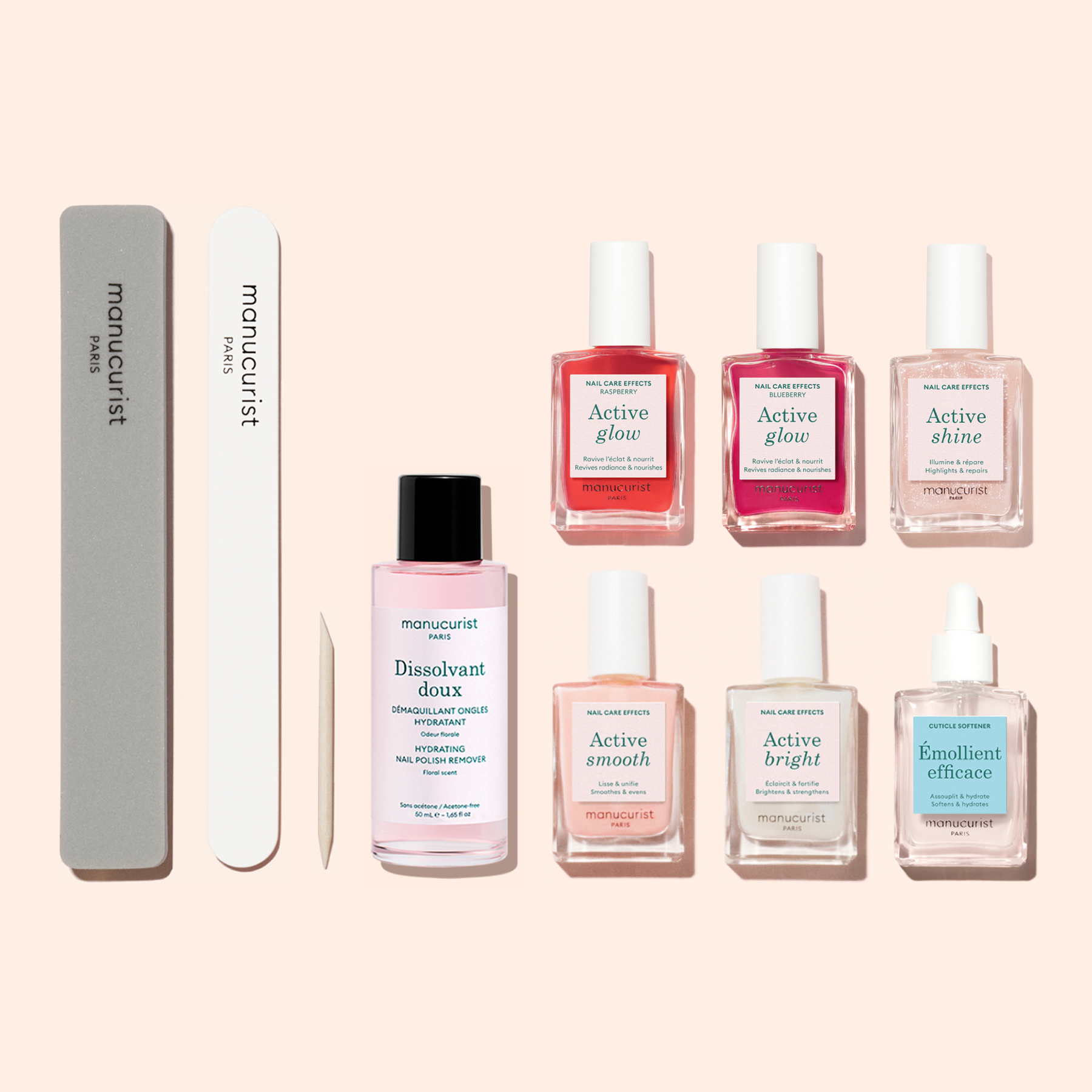 Introducing the Super Active Manicure Kit by Manucurist—a complete set featuring a nail file, buffer, cuticle stick, nail polish remover, five nail care bottles, and two dropper bottles. Displayed on a light background, this kit provides everything you need for a flawless manicure and to keep your nails hydrated as part of your daily routine.