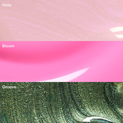 Manucurist’s Curated Trios features three horizontal bands in abstract, shimmery, and swirled textures: Halo (light pink), Bloom (bright pink), and Groove (dark green)—ideal for creative manicure inspiration.