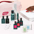The Manucurist Ultimate Kit features a pink cosmetic bag surrounded by nail care must-haves: vitamin-infused base coat, gel polish, remover, pen applicators, nail file, UV lamp, and a manicured hand with an ultra-glossy finish.