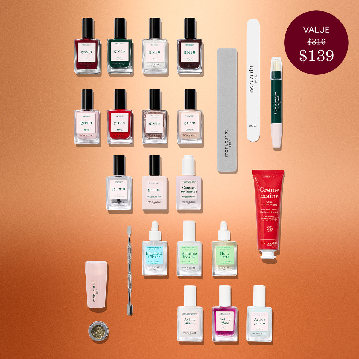 A flat lay of various nail and hand care products—including nail polishes, creams, files, cuticle oil, and tools—featuring the luxurious Active™ Shine Icy from Manucurist’s Advent Calendar Time to Shine! set—arranged neatly on a bronze background. A label notes the set’s value is $139, marked down from $316.