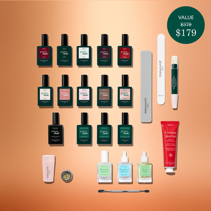 A flat lay of Manucurist’s Advent Calendar Time to Flash! set, featuring an assortment of manicure essentials—nail polishes, files, hand cream, cuticle oil, and tools—ideal for a gel polish manicure. All items are arranged neatly on a gradient orange background, with a green circle highlighting its $179 value offer.