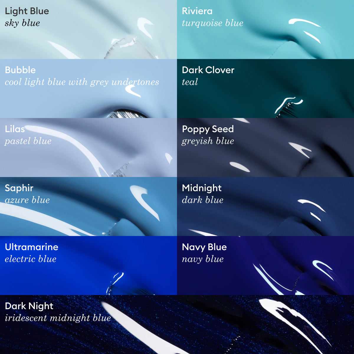 Discover Manucurist’s Bubble, a blue nail polish from a palette of ten blue shades—each named and described—perfect for finding your next light blue or exploring subtle greyed-green tones.
