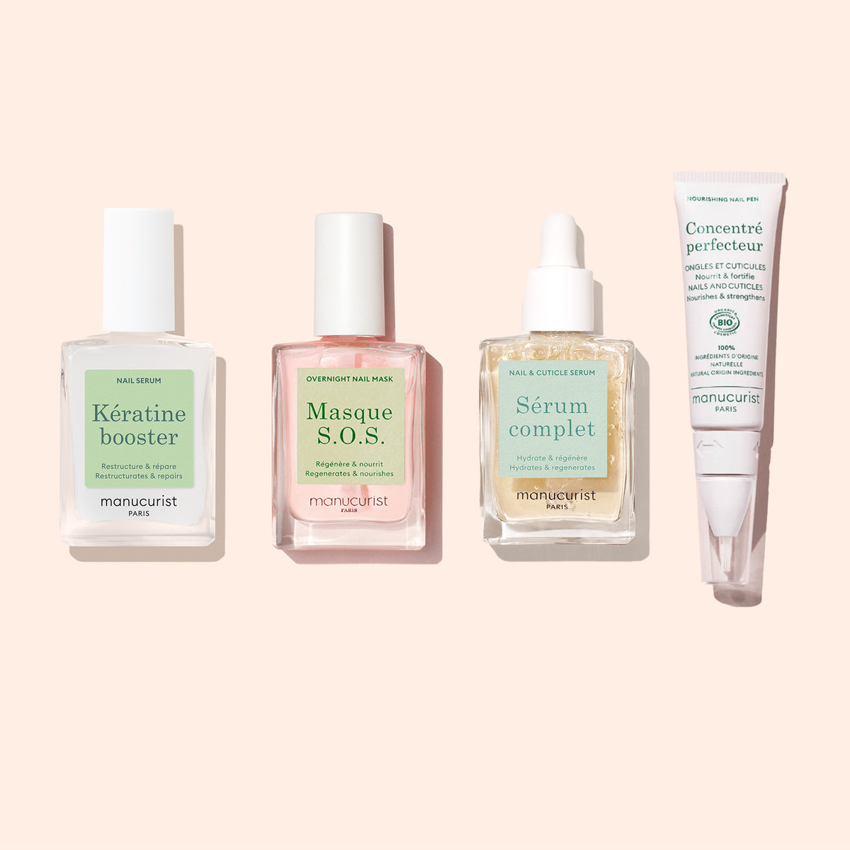 Duo Jour &amp; Nuit de Manucurist : deux soins de manucure haut de gamme présentés sur un fond beige clair, incarnant le soin des ongles d&