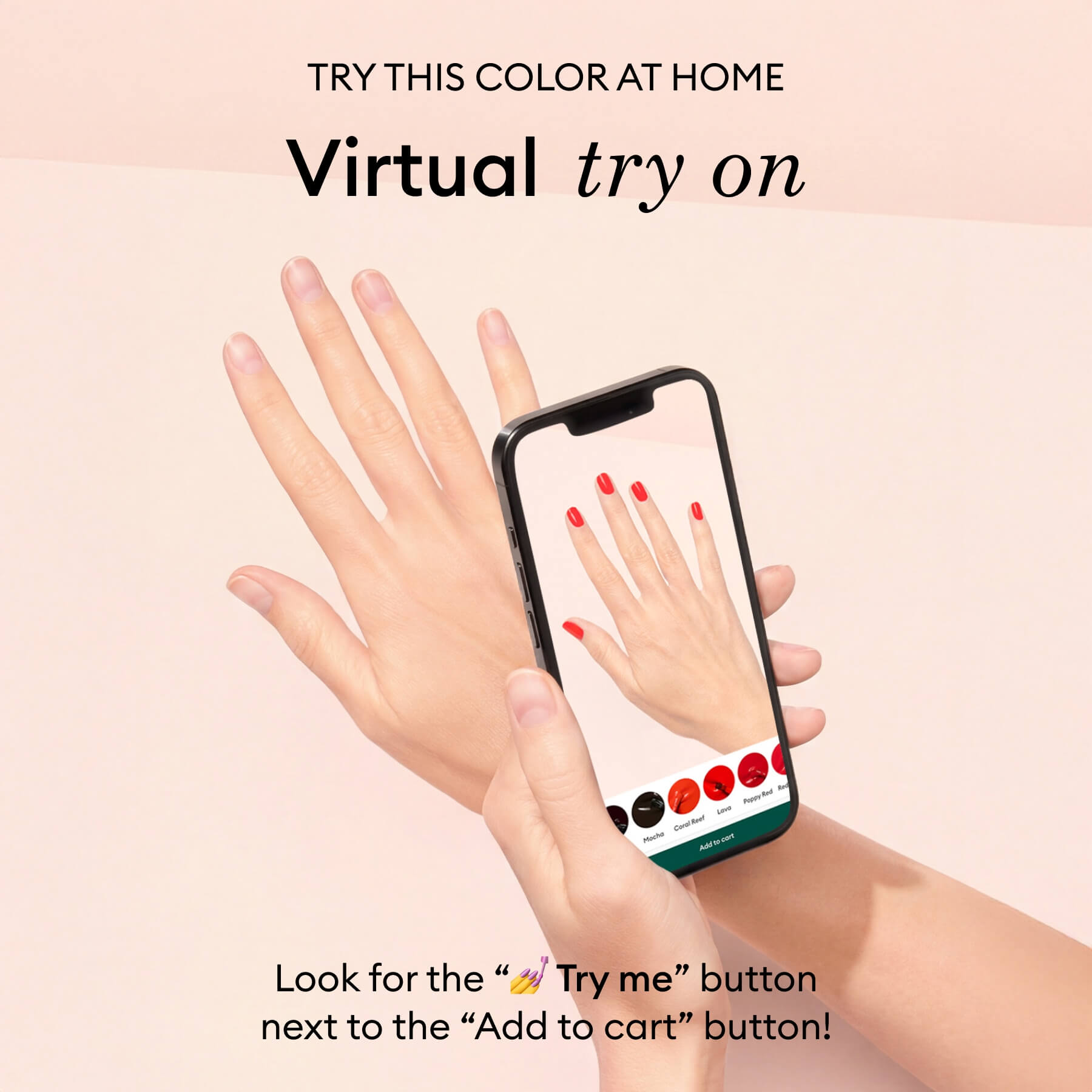 A hand holds a phone with a virtual try-on app showing Manucurist&