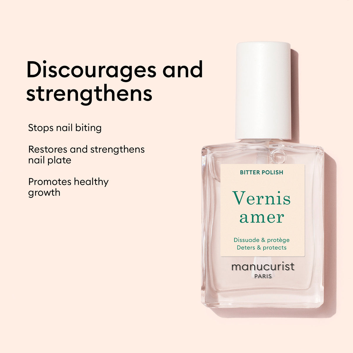 Un flacon de Bitter Polish Manucurist est présenté sur un fond rose pâle avec le texte : Décourage le fait de se ronger les ongles, aide à arrêter cette habitude, restaure et renforce les ongles, et favorise une pousse saine des ongles.