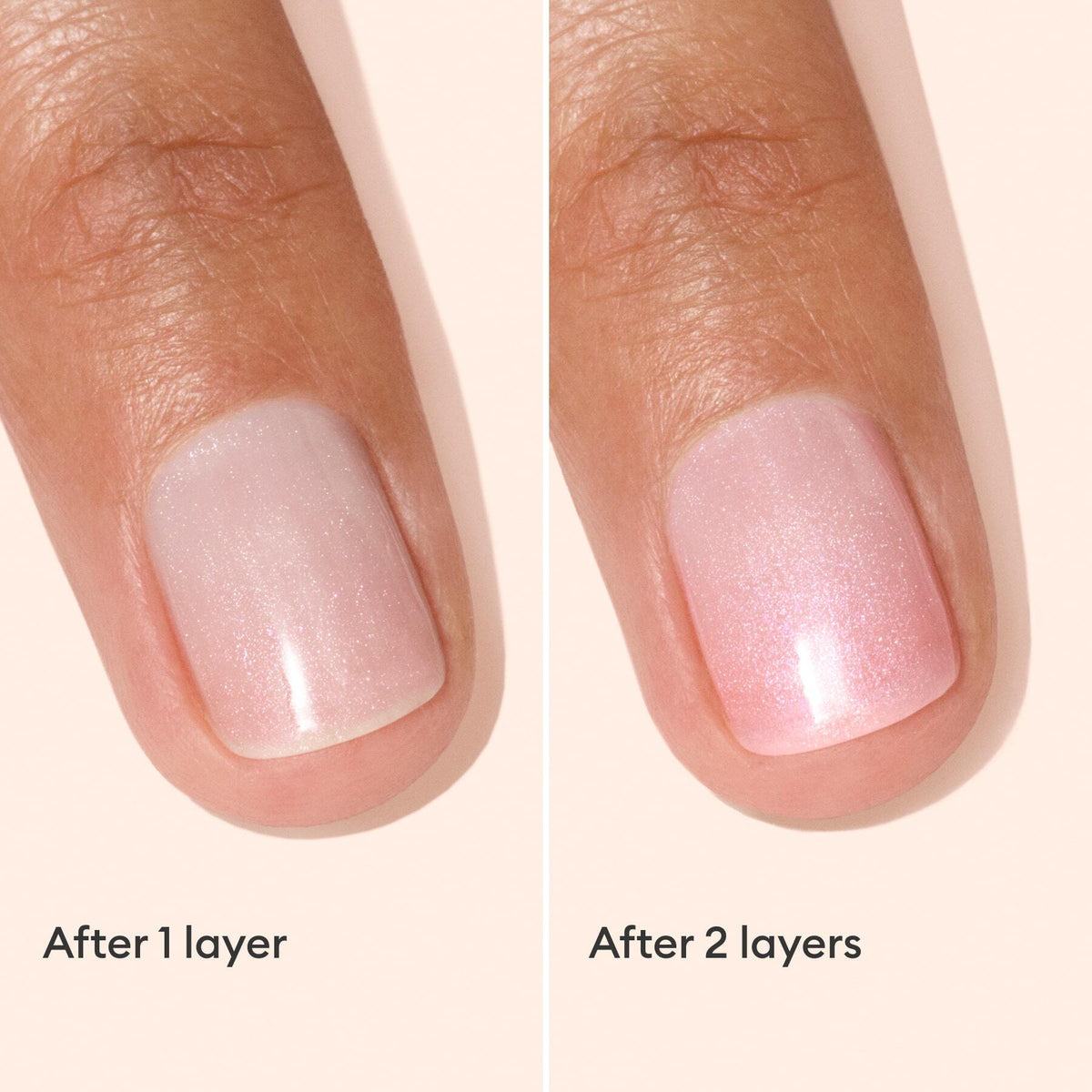Close-up of a fingernail with light pink nail polish. Left side shows the polish after one layer (sheer and subtle), while the right side shows after two layers (slightly more opaque and pink). Text labels each side.