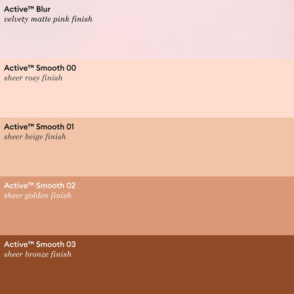 Five gradient color swatches from light pink to deep bronze, labeled: Active™ Blur 00, 01, 02, and 03—each with corresponding French shade descriptions. Manucurist’s Active™ Blur is a blurring care polish that delivers a flawless matte finish while enhancing the look of your nails.